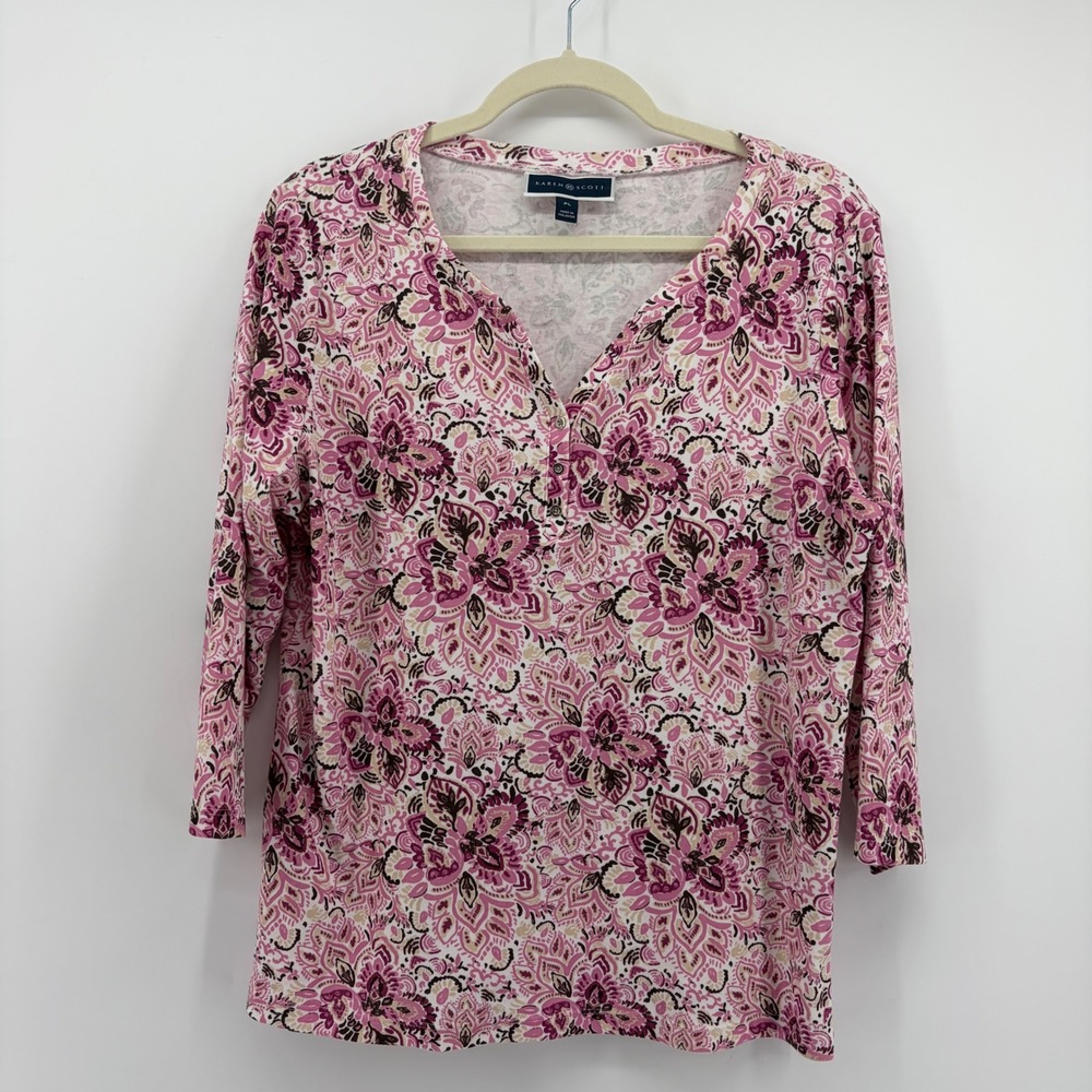 Karen Scott Womens PL Pink Paisley Floral Henley Top 3/4 Sleeve V-Neck Petite